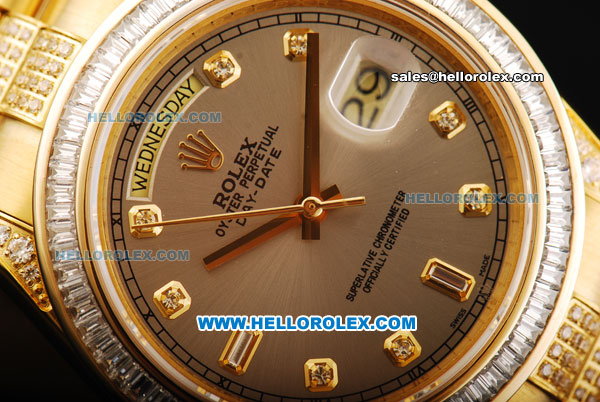 Rolex Day Date II Oyster Perpetual Automatic Movement Full Gold with Diamond Bezel - Diamond Markers and Grey Dial - Click Image to Close
